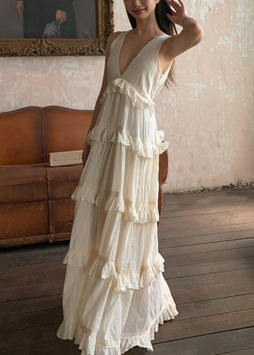 Elegant Beige V Neck Ruffled Solid Cotton Long Dresses Summer ZL011 SH-LF-SDL240621