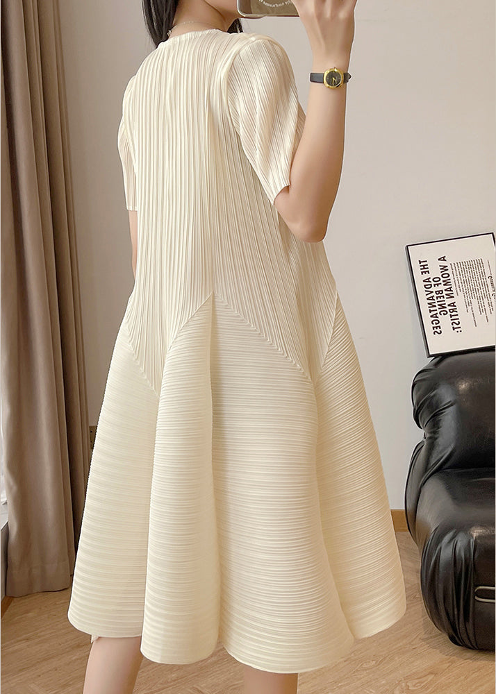 Wrinkled Waist High Cotton Elegant Solid Beige Dresses FashionChic