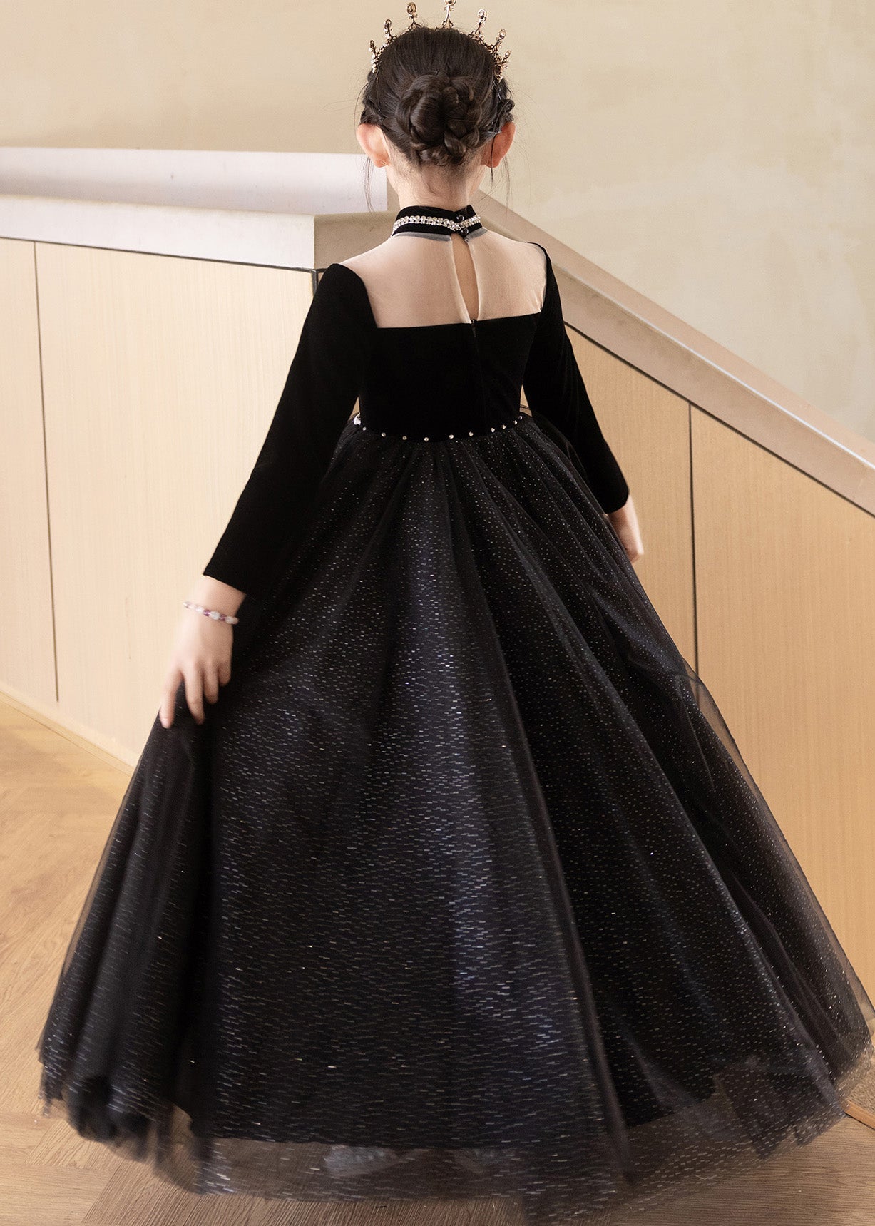 Elegant Black Turtleneck Silk Velour Patchwork Tulle Kids Maxi Dresses Fall RP033 ABC