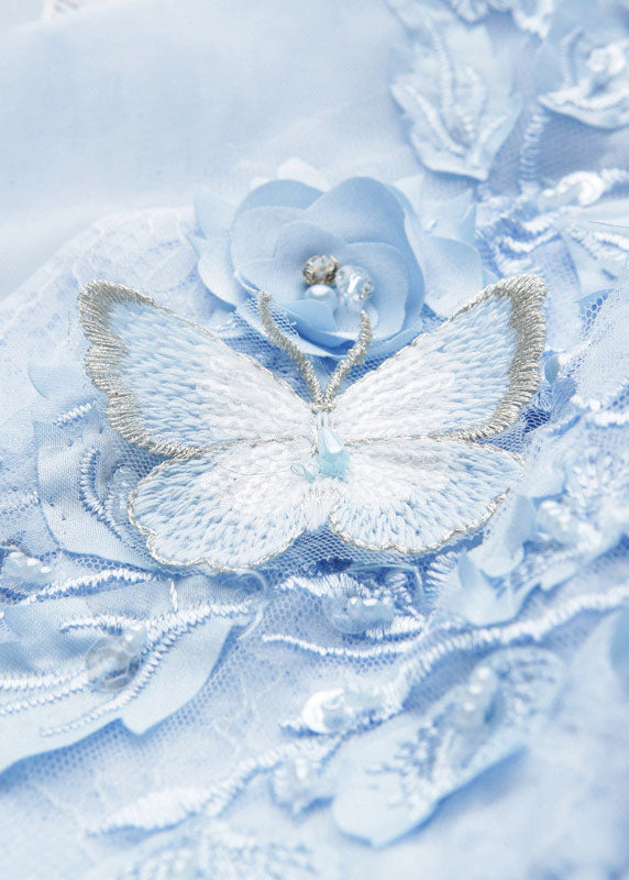 Elegant Blue Butterfly Floral Tulle Kids Long Dress Sleeveless YS008 ABC