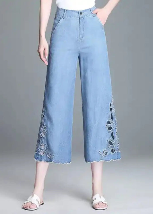High Elegant Hollow Summer Crop Out Waist Blue Jeans FashionChic