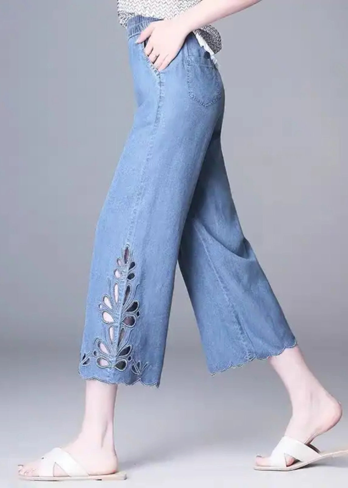 High Elegant Hollow Summer Crop Out Waist Blue Jeans FashionChic