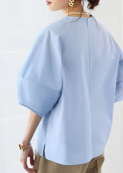 Sleeve Blue O-Neck Tops Cotton Puff Elegant FashionChic