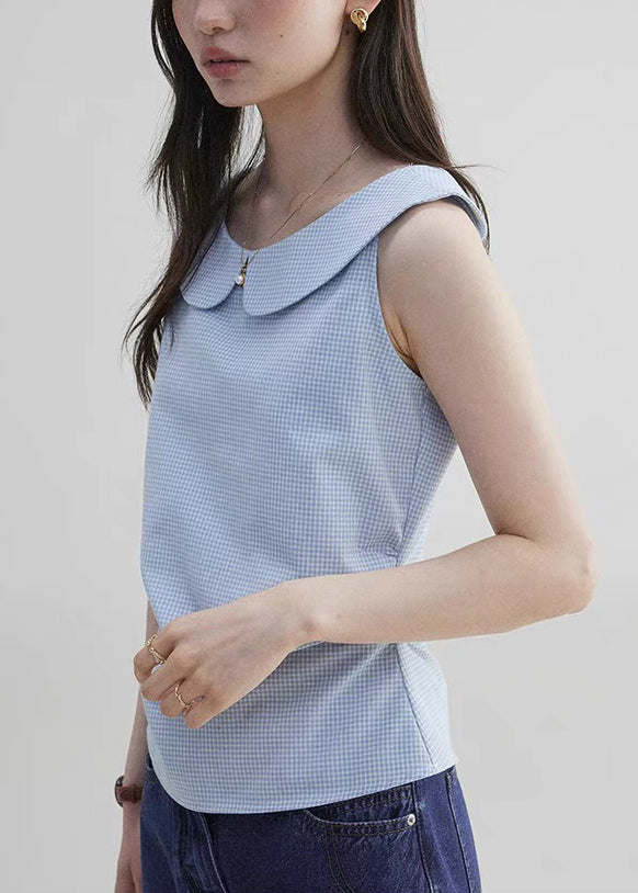 Plaid Sleeveless Collar Blue Pan Cotton Shirt Peter Elegant FashionChic