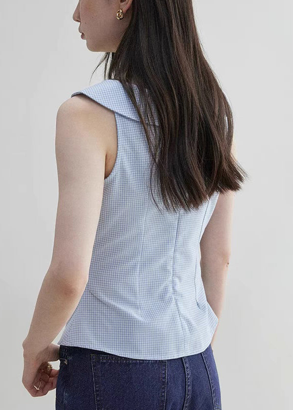 Plaid Sleeveless Collar Blue Pan Cotton Shirt Peter Elegant FashionChic