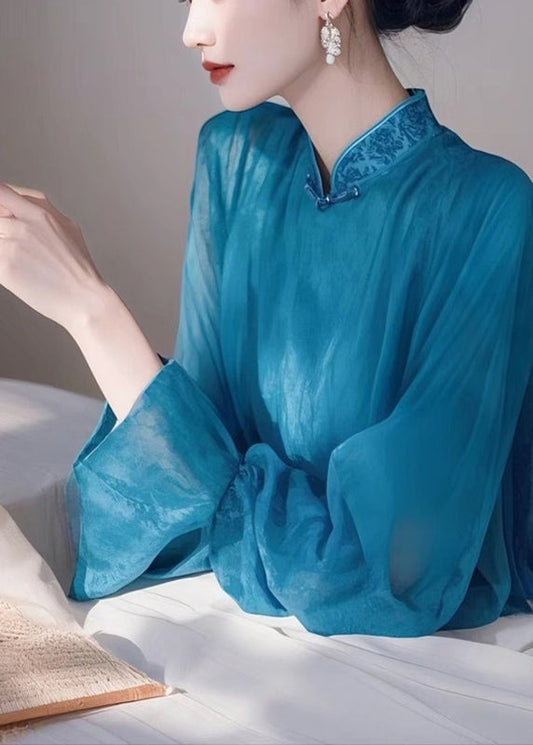 Stand Spring Elegant Collar Shirts Chiffon Blue FashionChic