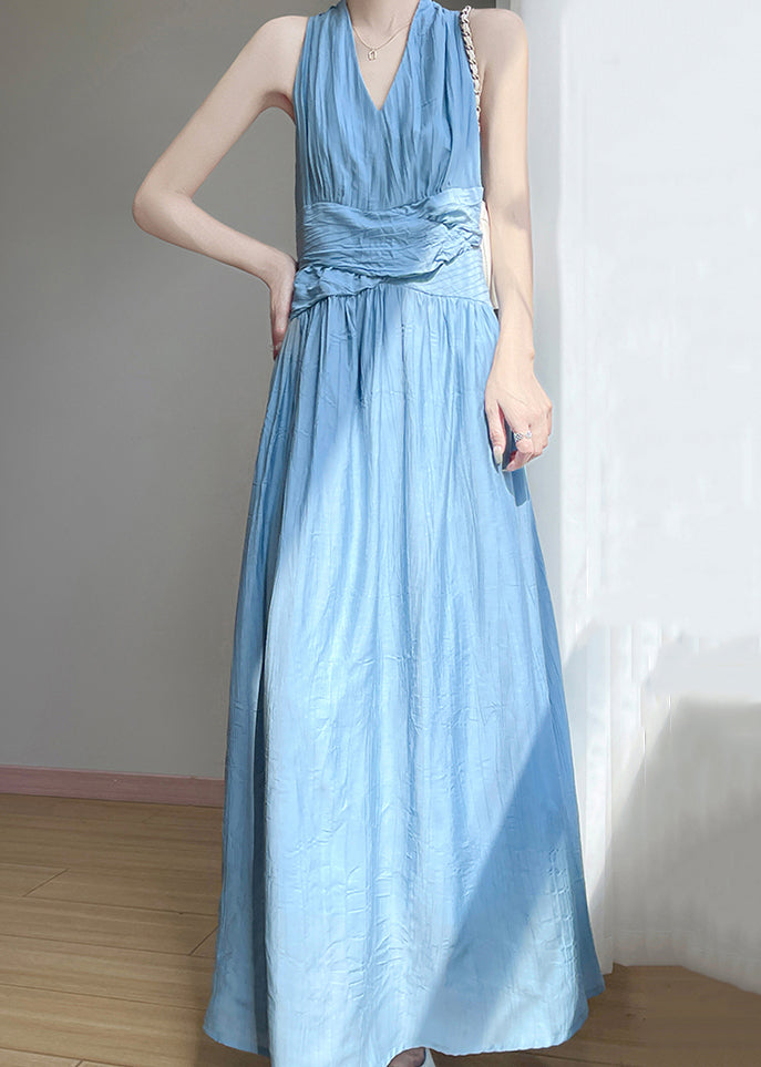 Long Dress Cotton High V Neck Elegant Sleeveless Waist Blue FashionChic