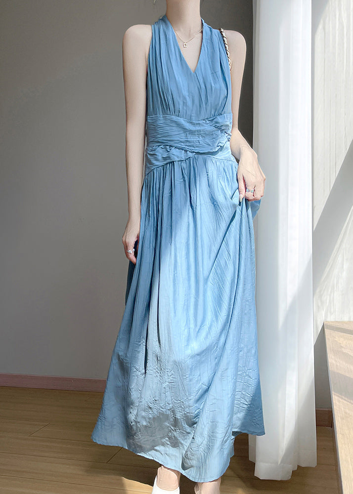 Long Dress Cotton High V Neck Elegant Sleeveless Waist Blue FashionChic