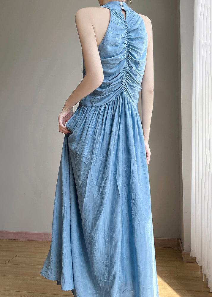 Long Dress Cotton High V Neck Elegant Sleeveless Waist Blue FashionChic