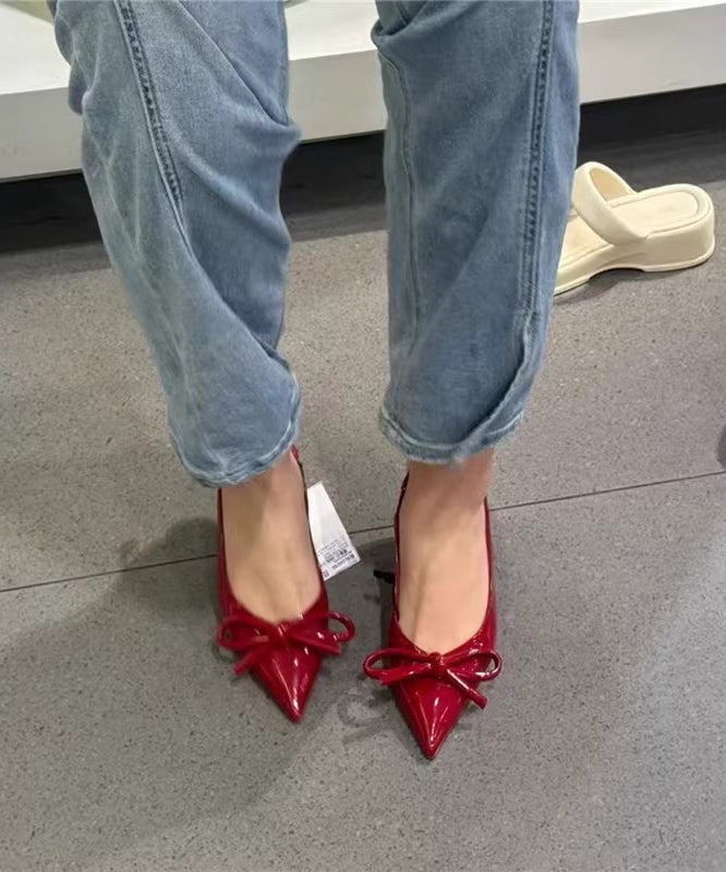 Bow Elegant High Heels Leather Red Splicing Stiletto Faux FashionChic