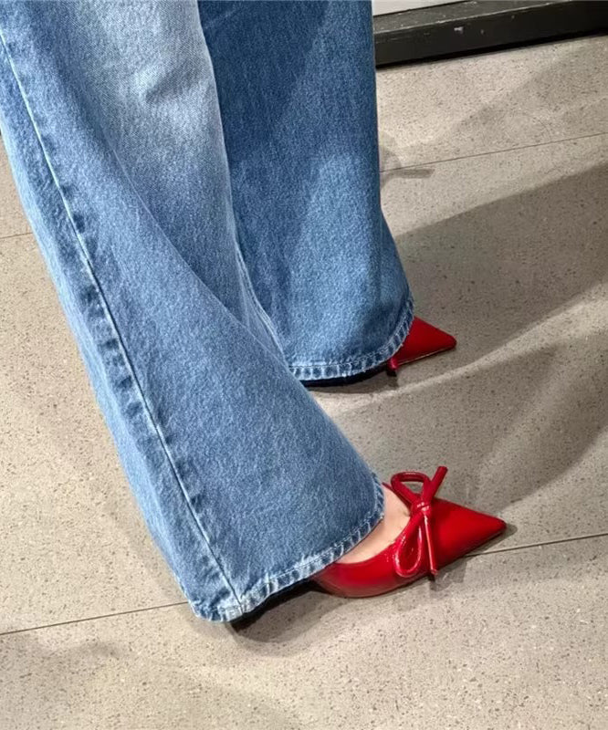 Bow Elegant High Heels Leather Red Splicing Stiletto Faux FashionChic