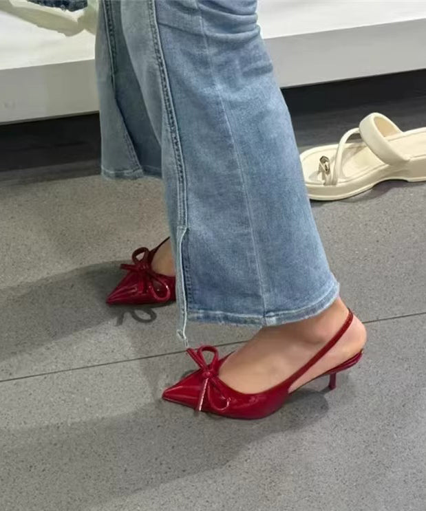 Bow Elegant High Heels Leather Red Splicing Stiletto Faux FashionChic