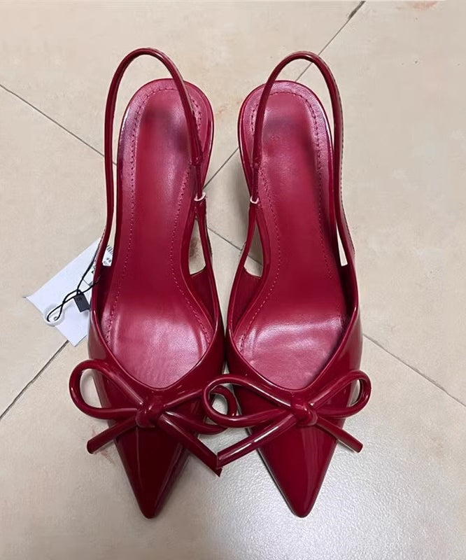 Bow Elegant High Heels Leather Red Splicing Stiletto Faux FashionChic