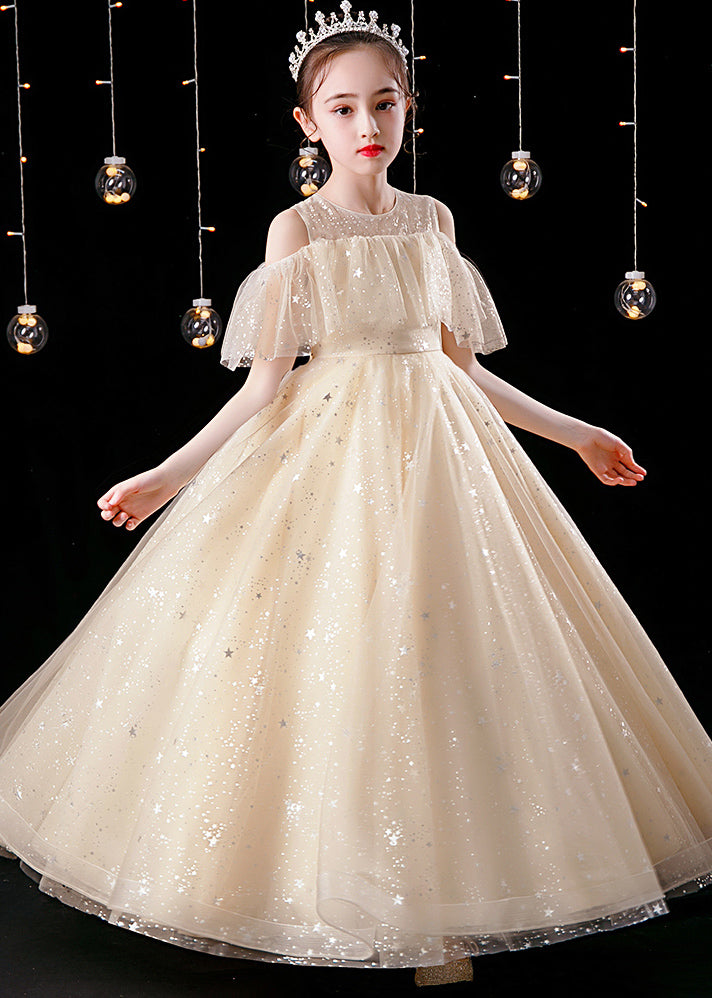 Elegant Champagne O-Neck Patchwork Sequins Tulle Kids Maxi Dress Summer XZ039 SDGL240618