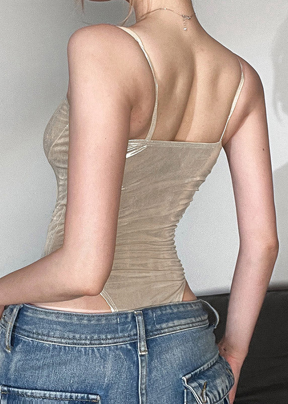 Patchwork Elegant Spandex Bodysuit Cami Solid Champagne FashionChic