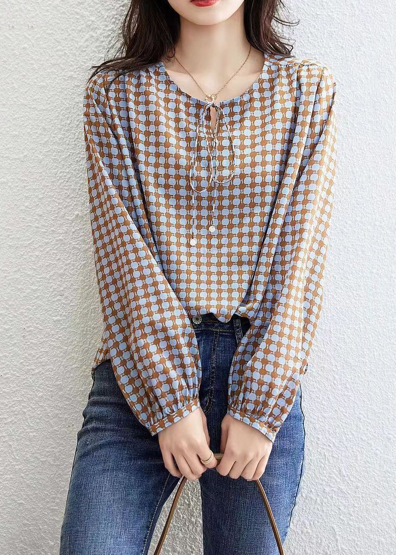 Elegant Coffee Print Lace Up Cotton Blouses Long Sleeve RE015 MZF-LTP240807