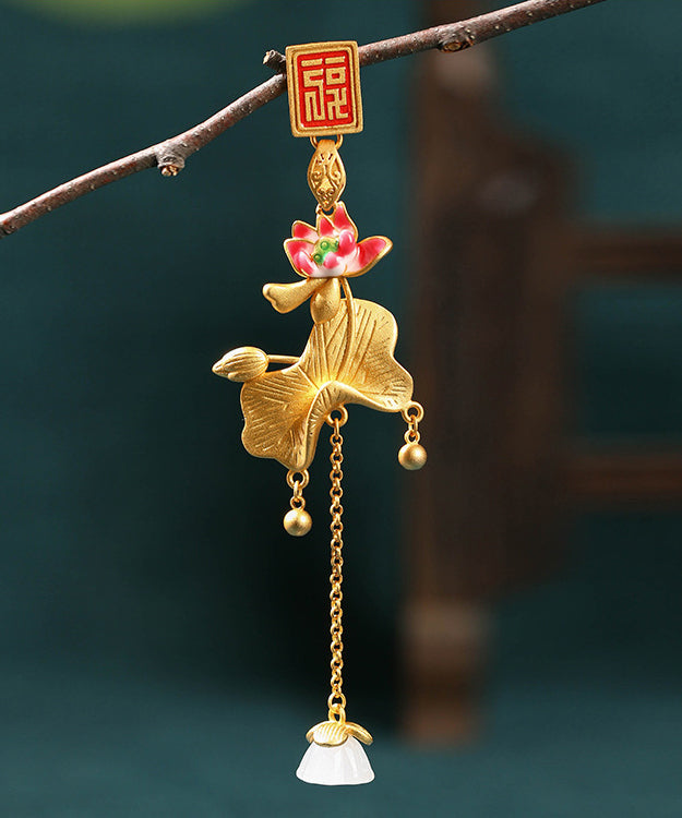 Elegant Gold Ancient Gold Jade Lotus Tassel Brooches KX1072 Ada Fashion