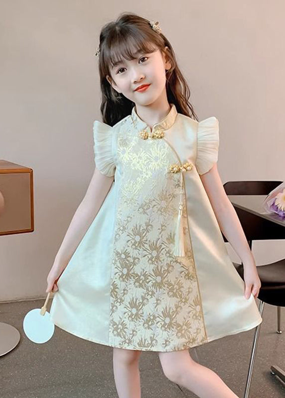 Maxi Vacation Girls Button Elegant Gold Stand Ruffled Collar FashionChic