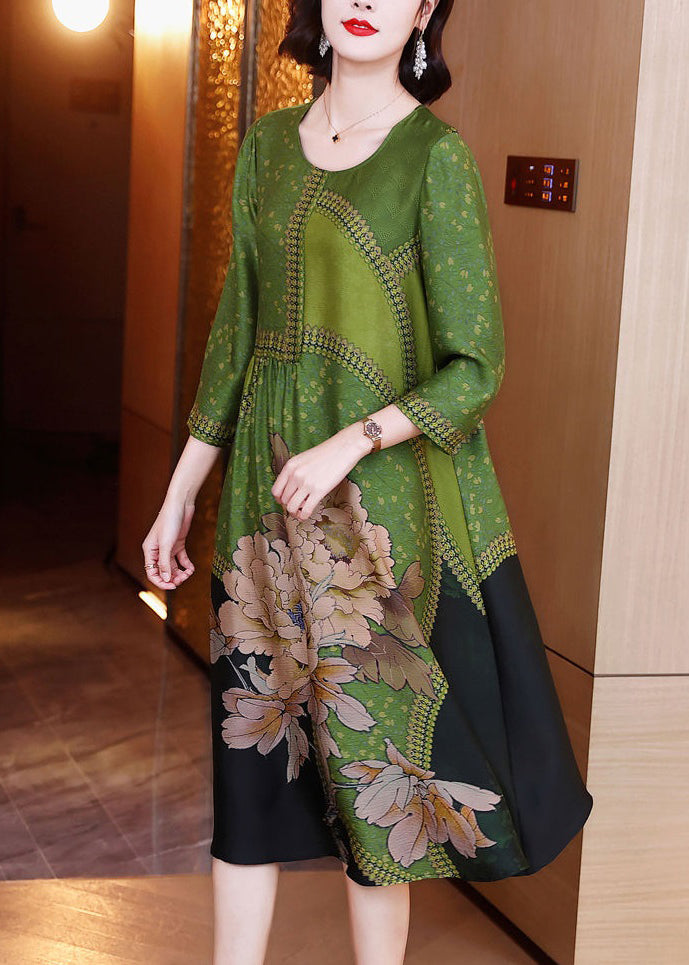 Elegant Green O Neck Print Patchwork Silk Long Dresses Spring OP1080 Ada Fashion