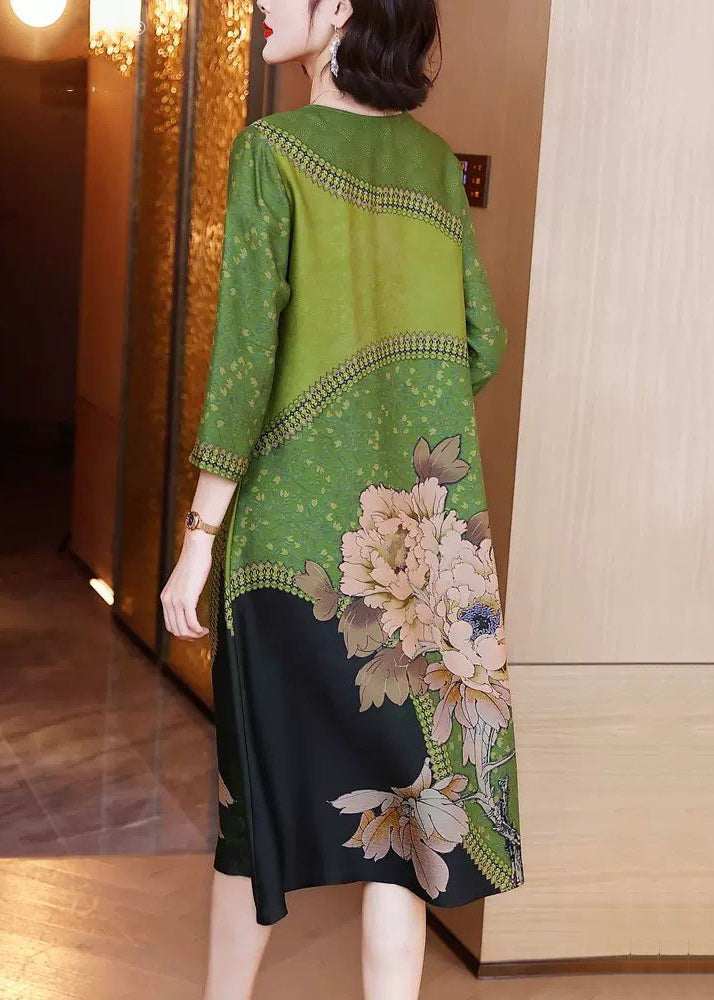 Elegant Green O Neck Print Patchwork Silk Long Dresses Spring OP1080 Ada Fashion