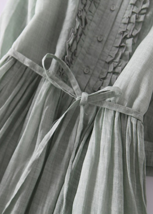 Elegant Green Ruffled Button Tie Waist Cotton Long Dress Half Sleeve QA030 OM-BB241009