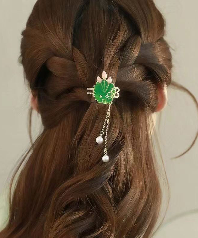 Elegant Green Sterling Silver Alloy Pearl Lotus Leaves Hairpin DF1023 Ada Fashion