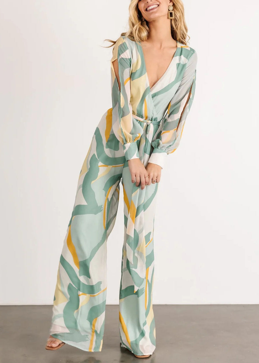 Elegant Green V Neck Print Chiffon Jumpsuit Long Sleeve AU1007 OM-ZS240902