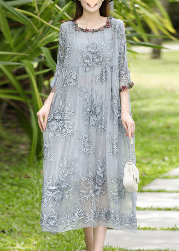 Dresses Silk O-Neck Sleeve Bracelet Elegant Embroidered Long Grey FashionChic