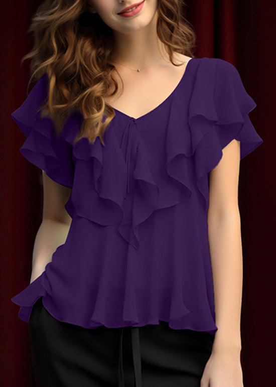 Blouses Chiffon Patchwork Ruffled Grey Summer Elegant FashionChic