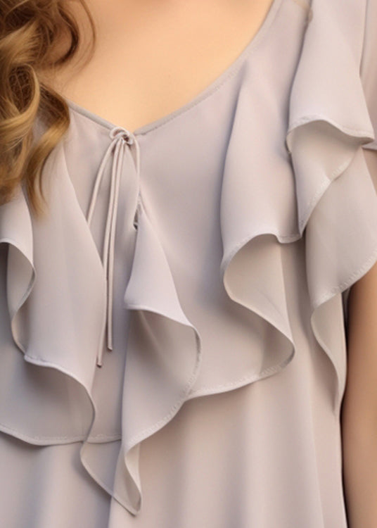 Blouses Chiffon Patchwork Ruffled Grey Summer Elegant FashionChic