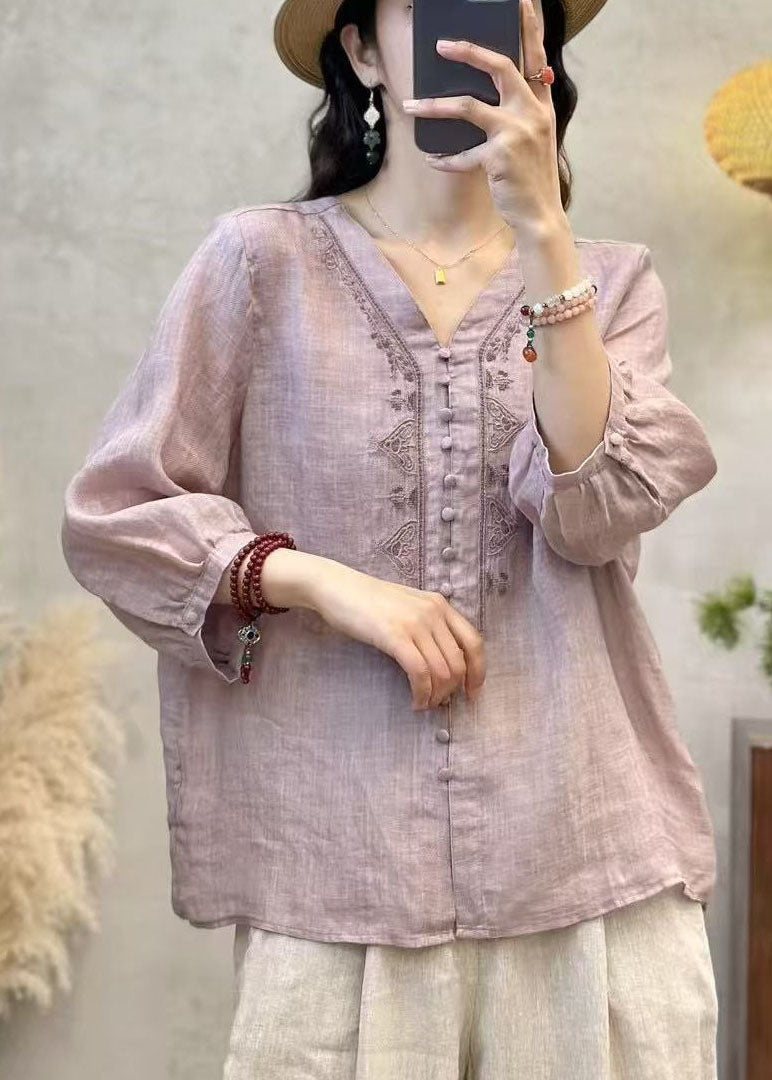Shirts Sleeve Grey Linen Neck Bracelet Embroidered V Elegant FashionChic