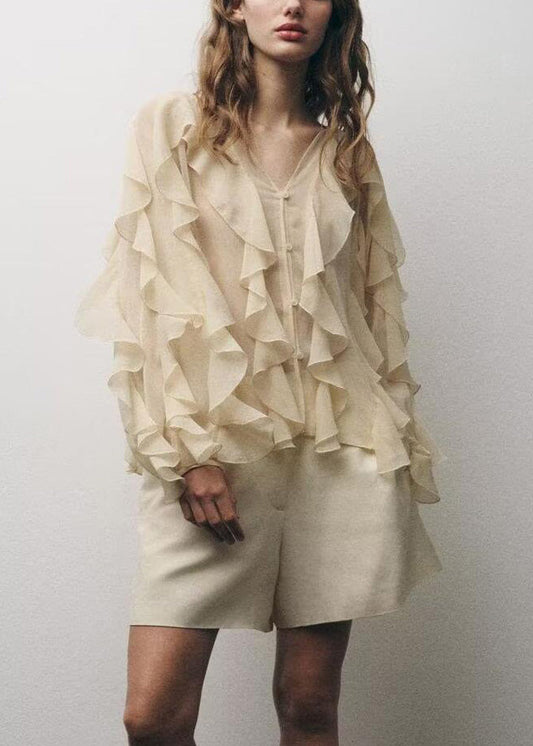 UPF Ruffles 50+ Yellow Light Summer Chiffon Elegant Shirt FashionChic
