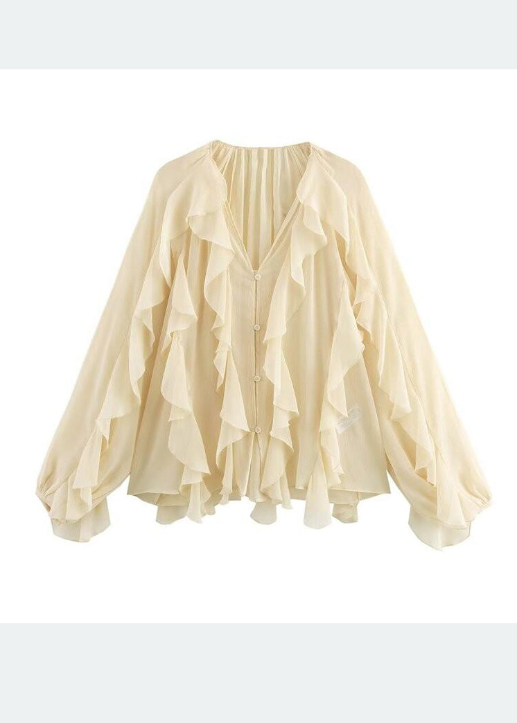 UPF Ruffles 50+ Yellow Light Summer Chiffon Elegant Shirt FashionChic