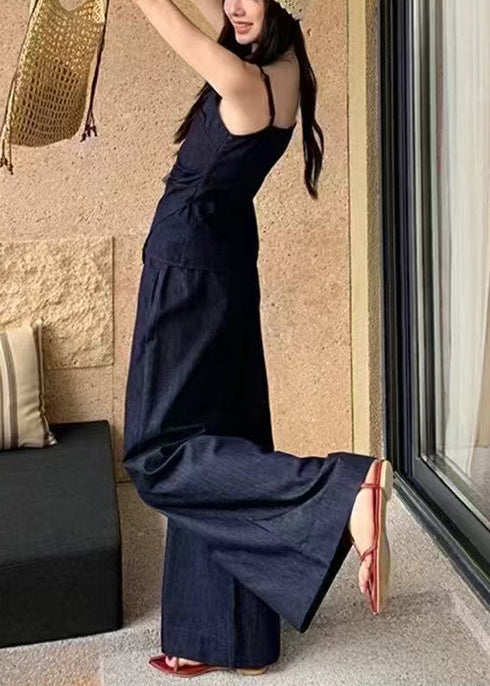 Elegant Navy Denim Summer Fit Piece Asymmetrical Silm 2 Outfit FashionChic