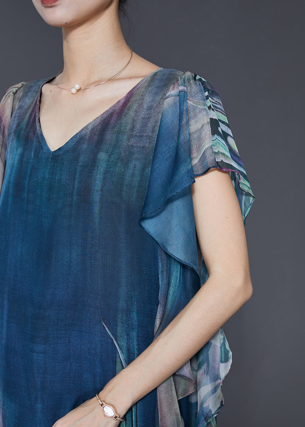 Elegant Navy Floral Print Silk Holiday Dress Butterfly Sleeve SD1104 Ada Fashion