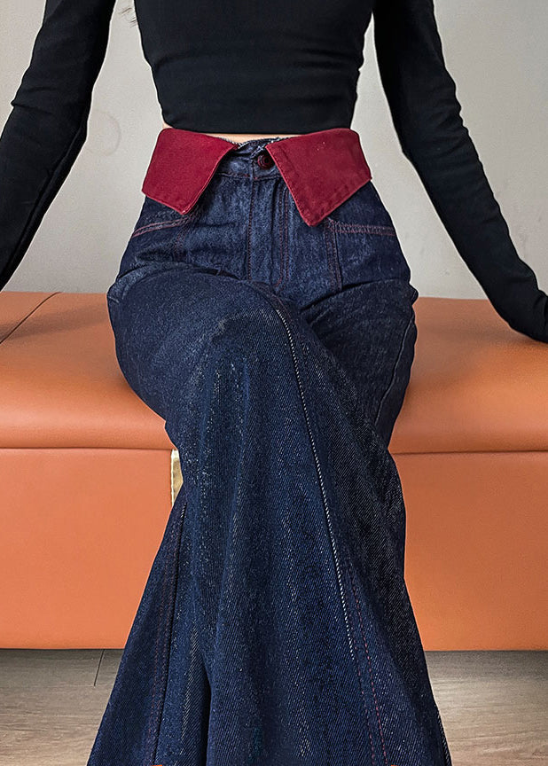 Elegant Navy High Waist Patchwork Denim Straight Pants Spring YO10 ABC