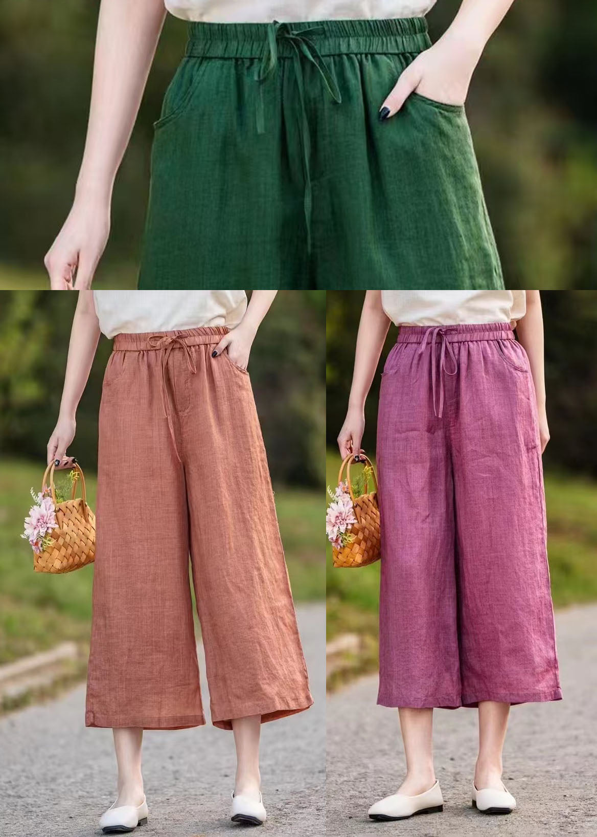 Linen Waist Crop Elastic Elegant Summer Pants Orange FashionChic