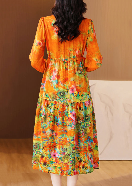 Elegant Orange Ruffled Print Patchwork Silk Long Dress Spring OP1040 Ada Fashion