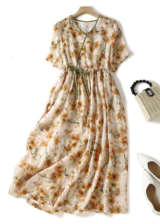 Elegant Orange V Neck Lace Up Print Linen Dresses Summer GG032 MZF-SDL240610