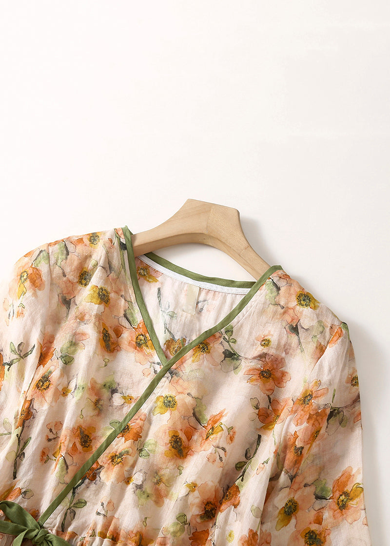Elegant Orange V Neck Lace Up Print Linen Dresses Summer GG032 MZF-SDL240610