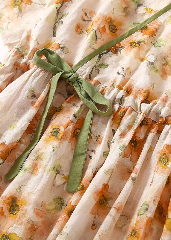 Elegant Orange V Neck Lace Up Print Linen Dresses Summer GG032 MZF-SDL240610