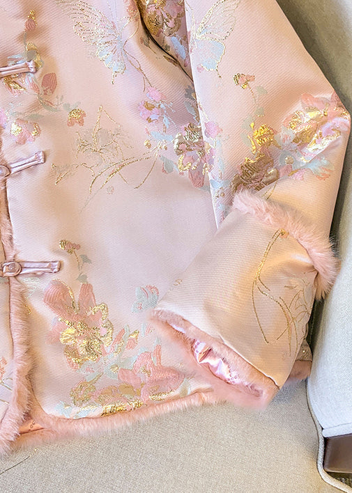 Elegant Pink Button Fluffy Patchwork Thick Parkas Winter QG027 OM-DJK241016