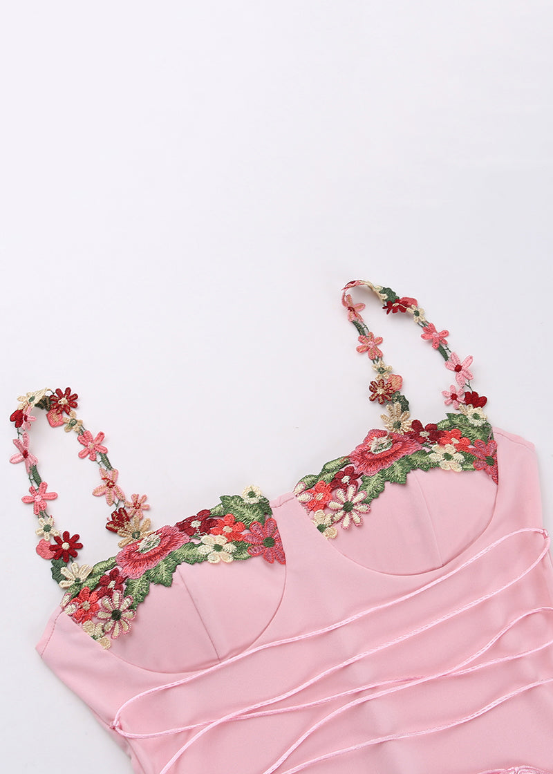 Elegant Floral Strap Patchwork Dress Pink Cotton Spaghetti FashionChic