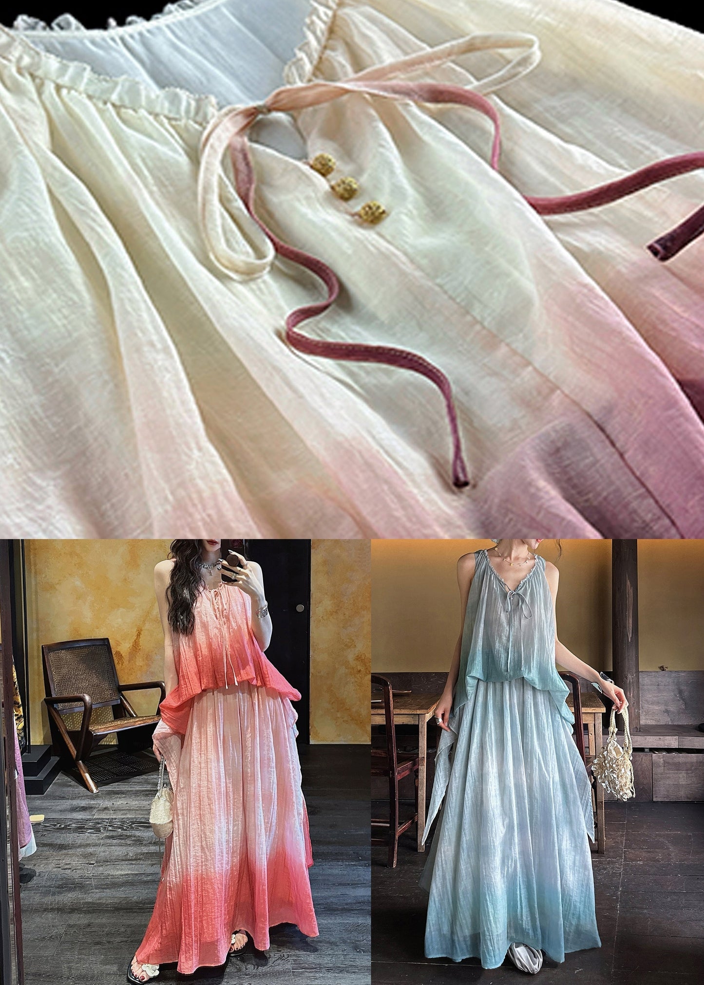 Long Pink Silk Elegant Ruffled Linen Color Gradient Dress FashionChic
