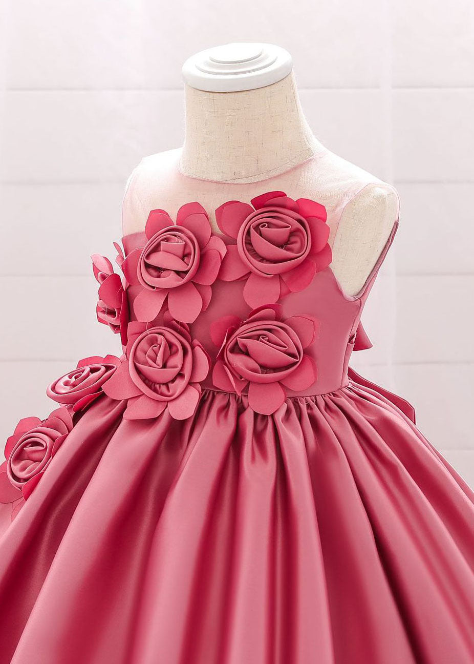 Elegant Pink O-Neck Patchwork Floral Kids Long Dress Sleeveless YS013 ABC