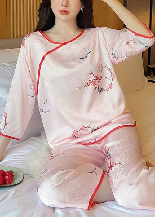 Elegant Pink O Neck Print Ice Silk Pajamas Two Pieces Set Half Sleeve YK004 ABC