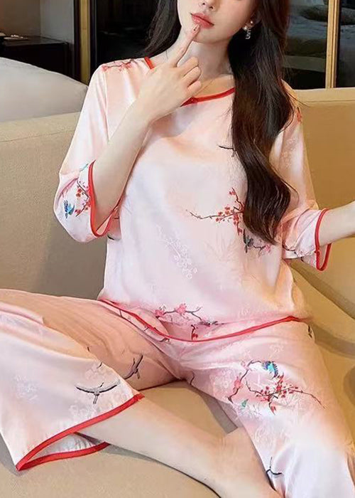 Elegant Pink O Neck Print Ice Silk Pajamas Two Pieces Set Half Sleeve YK004 ABC
