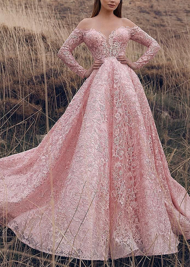 Elegant Pink Slash Neck Lace Ankle Dress Spring WW1057 Ada Fashion