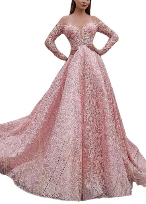 Elegant Pink Slash Neck Lace Ankle Dress Spring WW1057 Ada Fashion