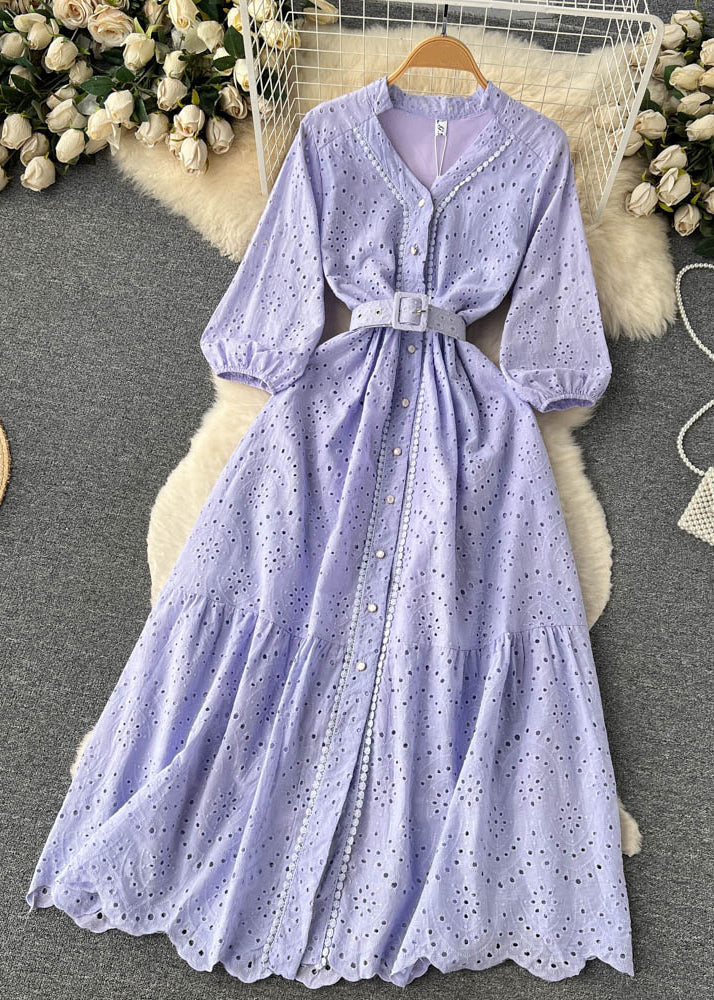 Elegant Purple Button Hollow Out Cotton Shirts Dress Long Sleeve TR046 ZS-FDL240730